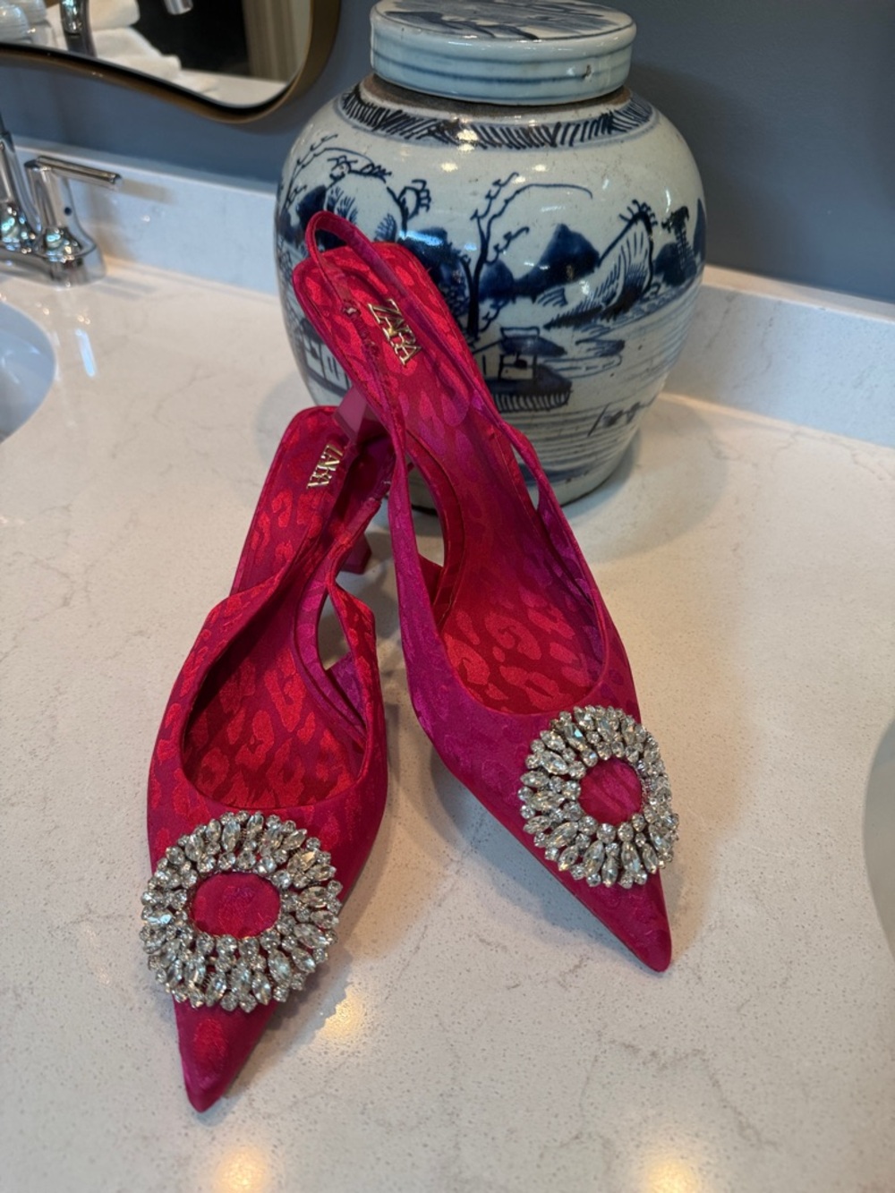Zara Fuchsia Satin Crystal-Embellished Slingback Mules